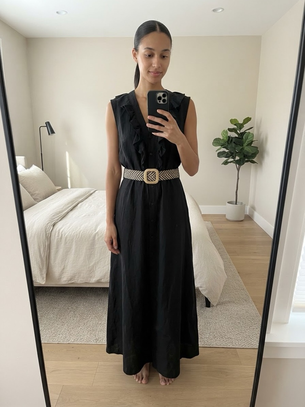 Ellen Tracy MAXI Black Sleeveless Ruffle-Trim Button-Front Maxi Dress Size M